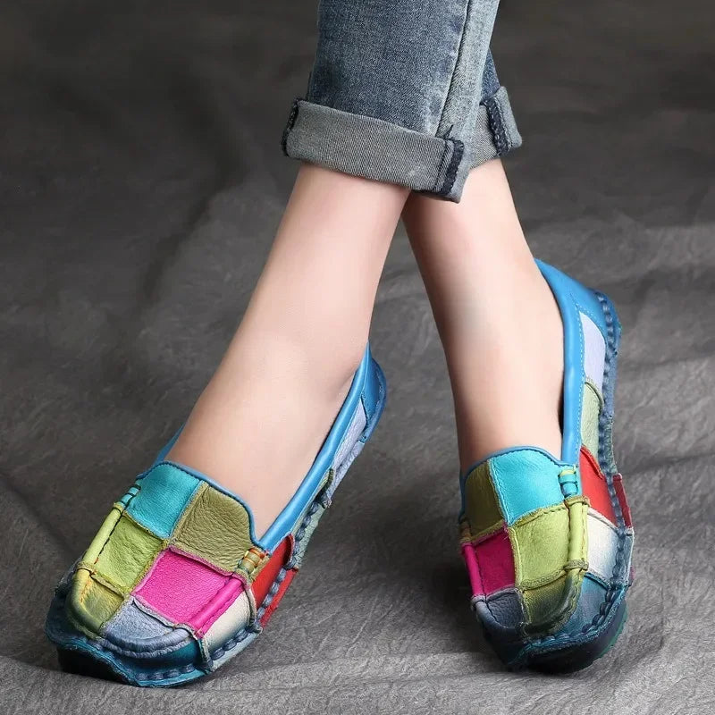 Birkuir Retro Mixed Colors Flats Women Shoes Soft Soles Loafers Shoes Genuine Leather Slip On Luxury Casual size 41 42 Shoes