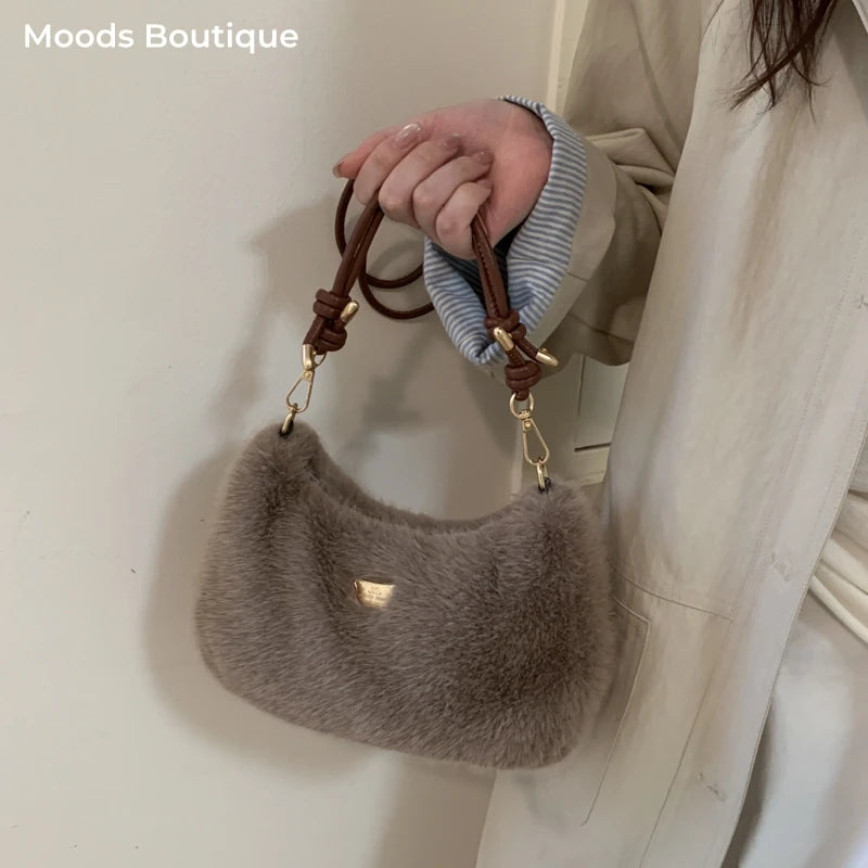 MOODS Soft Plush Crossbody Bags For Women 2025 Winter Warm Latest Luxury Designer Handbags Casual Street Shoulder Hobo Bag Lady