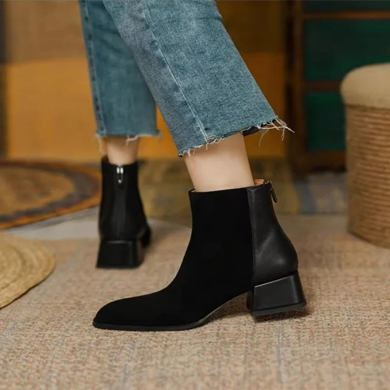 Women's winter boots fashionable round-toe modern leather suede blend ankle boots with zippers on the back, low heel nude boots