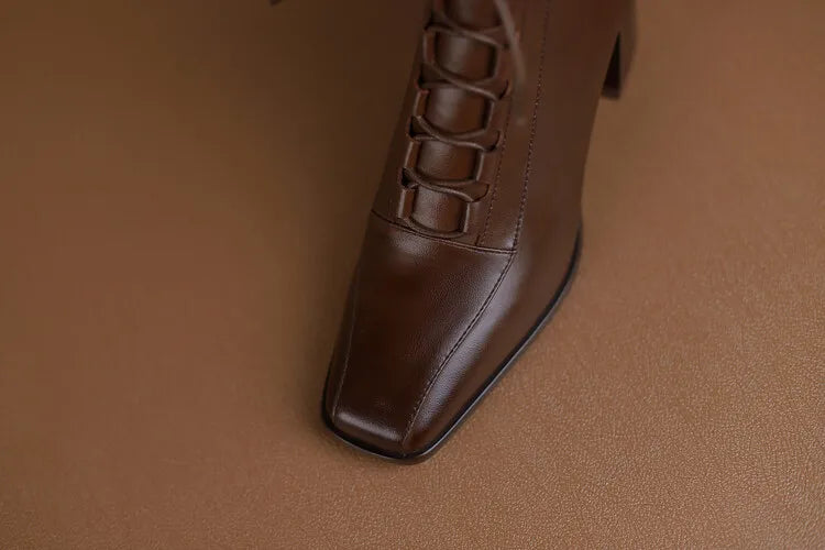2022 Autumn Women Boots Square Toe Back Zipper Women Shoes Chunky Heels Shoes for Women High Heel Boots Vintage Leather Shoes