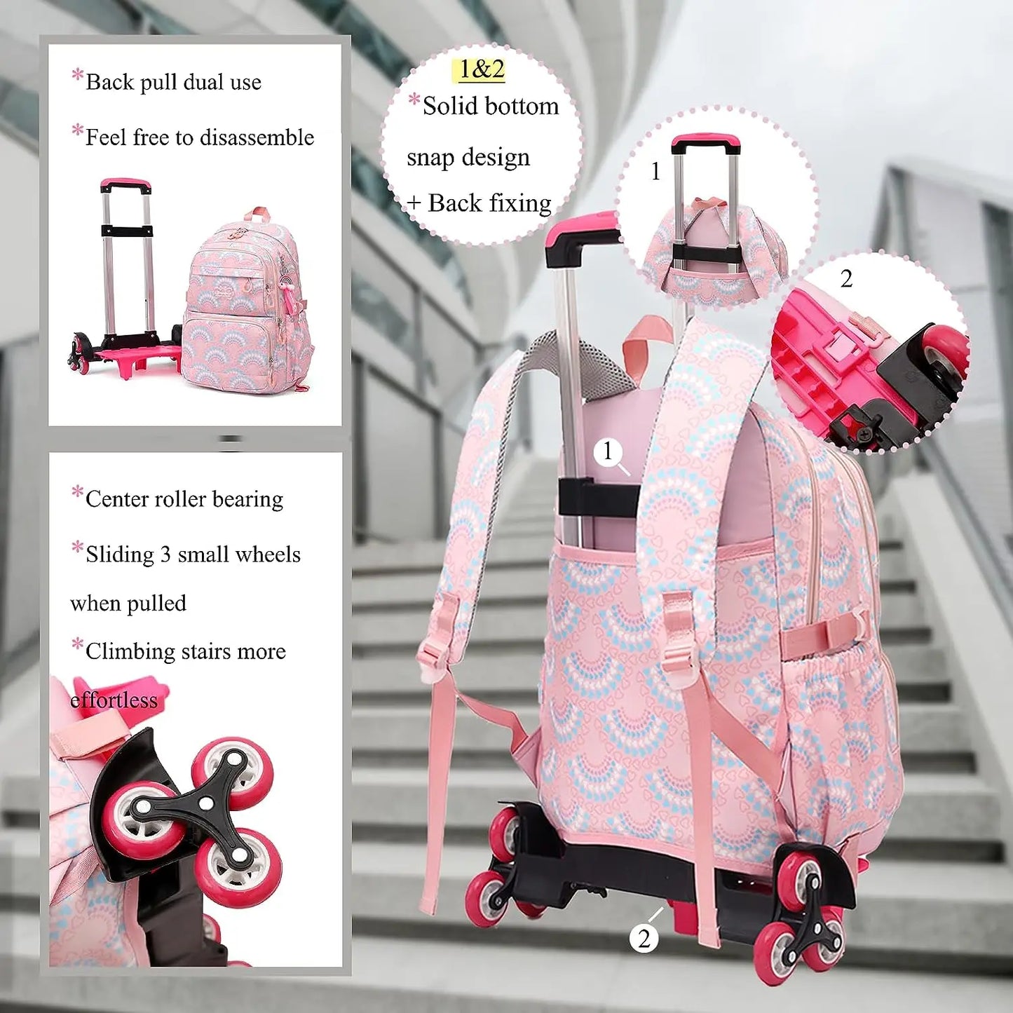 Rolling School Bags for Girls Backpack Children Waterproof School Backpacks with Wheels Middle School Trolley Luggage Back Pack