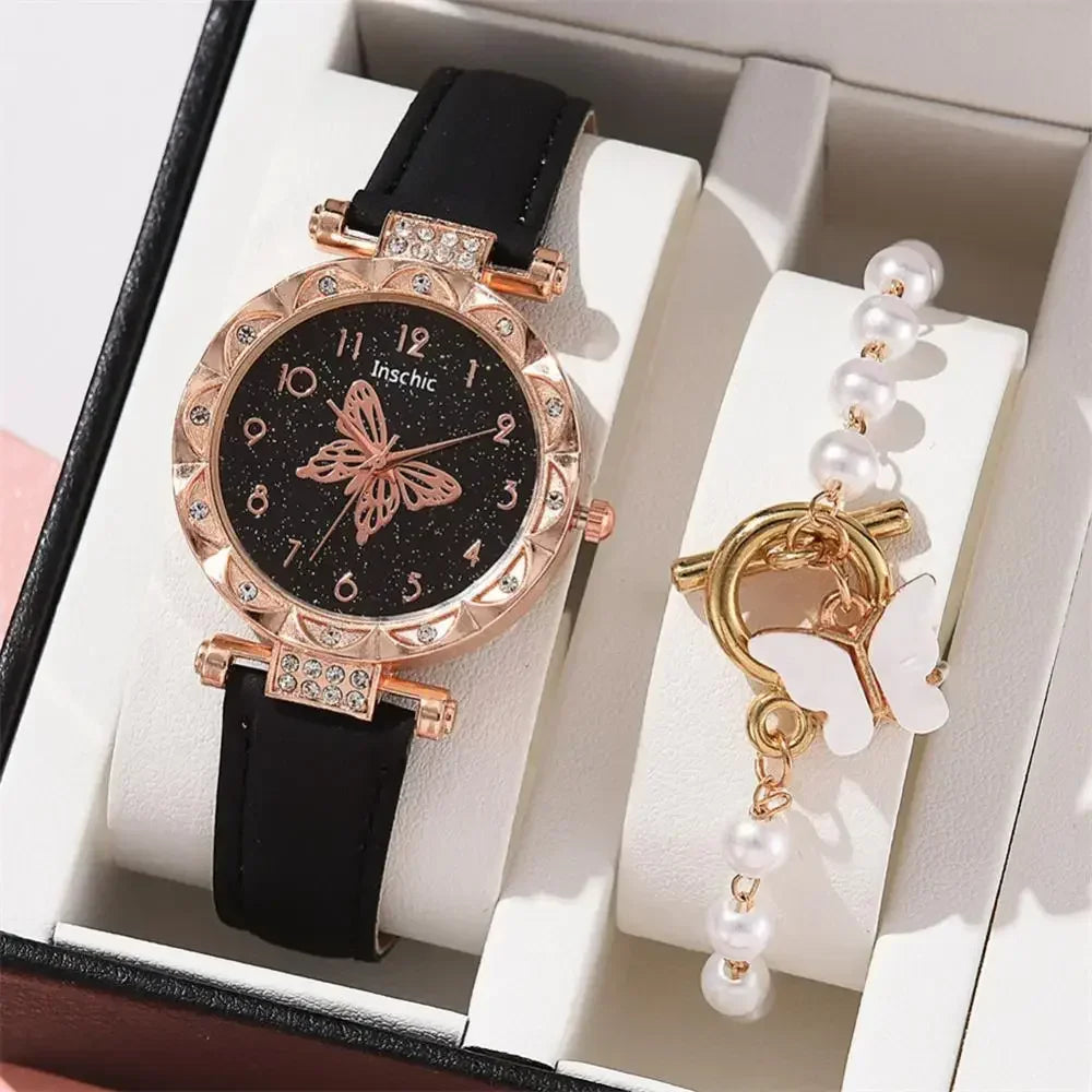 2PCS Set Creative Women Watch Quartz Butterfly Starry Wristwatches Luxury Rhinestone Watches for Ladies Relogios Feminino No Box