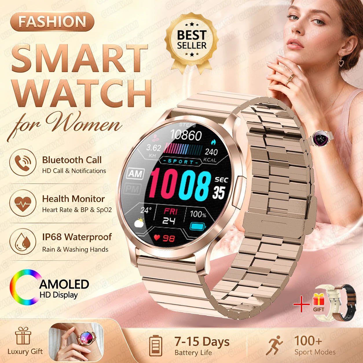 2026New Smart Watch 1.32”AMOLED Ultra-thin Display 100+Sports modes Blood Pressure Waterproof Bluetooth call Bracelet Women Gift