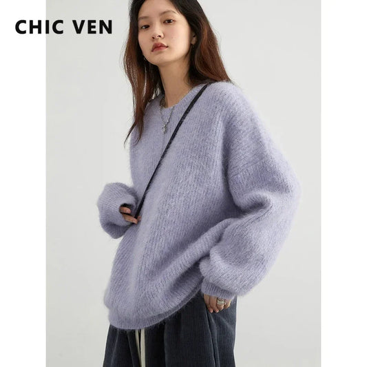 CHIC VEN Women Sweater Long Sleeve Pullover Solid Loose O Neck Soft Alpaca Female Tops Woman Knitwear Jumpers Spring Autumn 2024