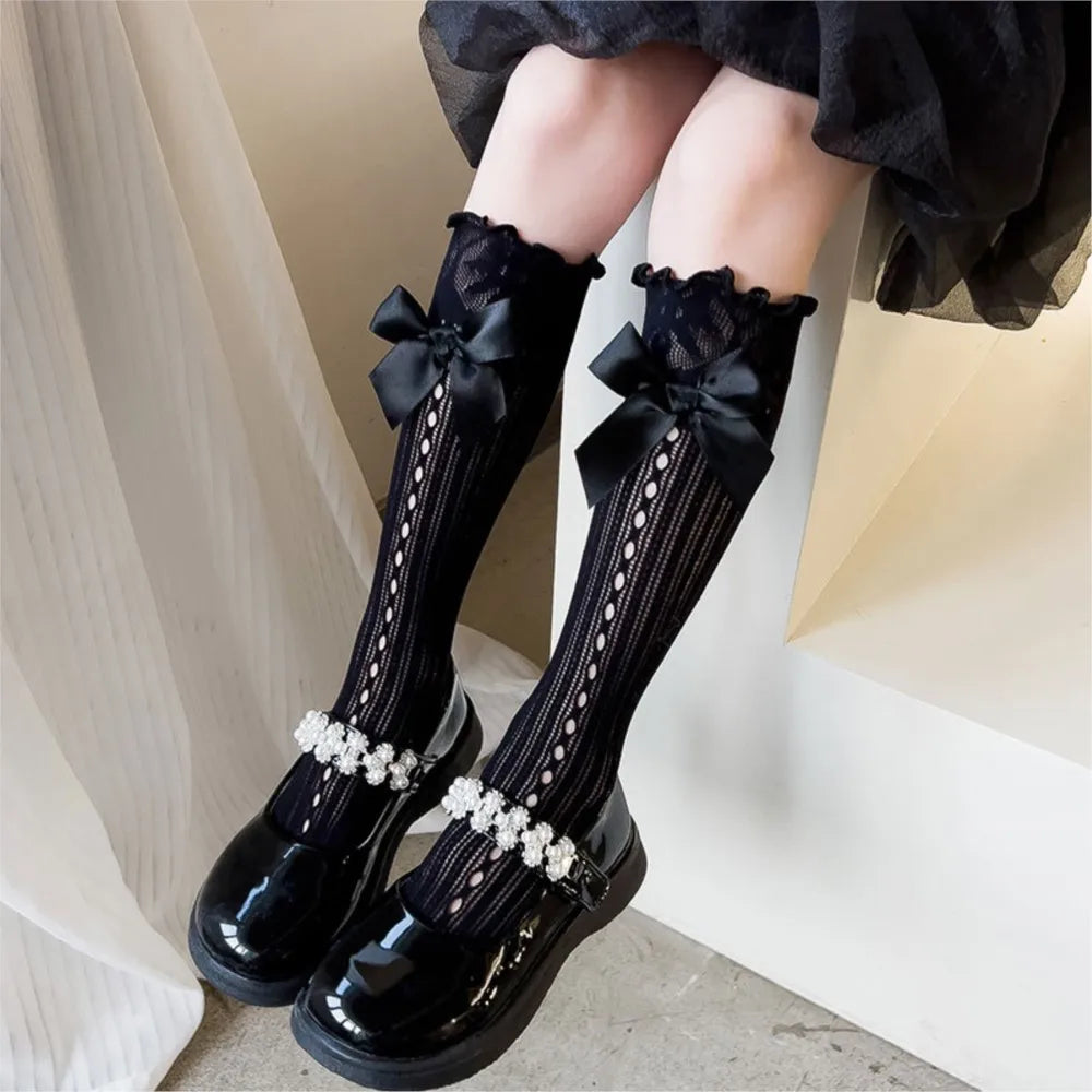 Medias Lolita para niñas, calcetines de primavera/verano con lazo de princesa JK, calcetines de pantorrilla, medias de encaje para niñas, calcetín de encaje