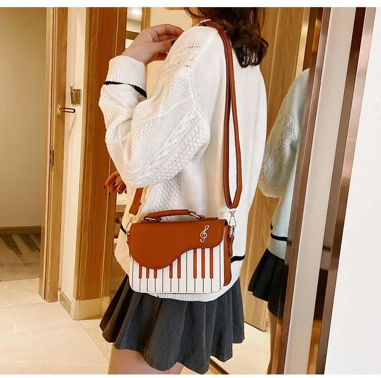 Piano Shape Flap Shoulder Bag Creative PU Leather Portable Handbag Detachable Strap Crossbody Novelty Bag