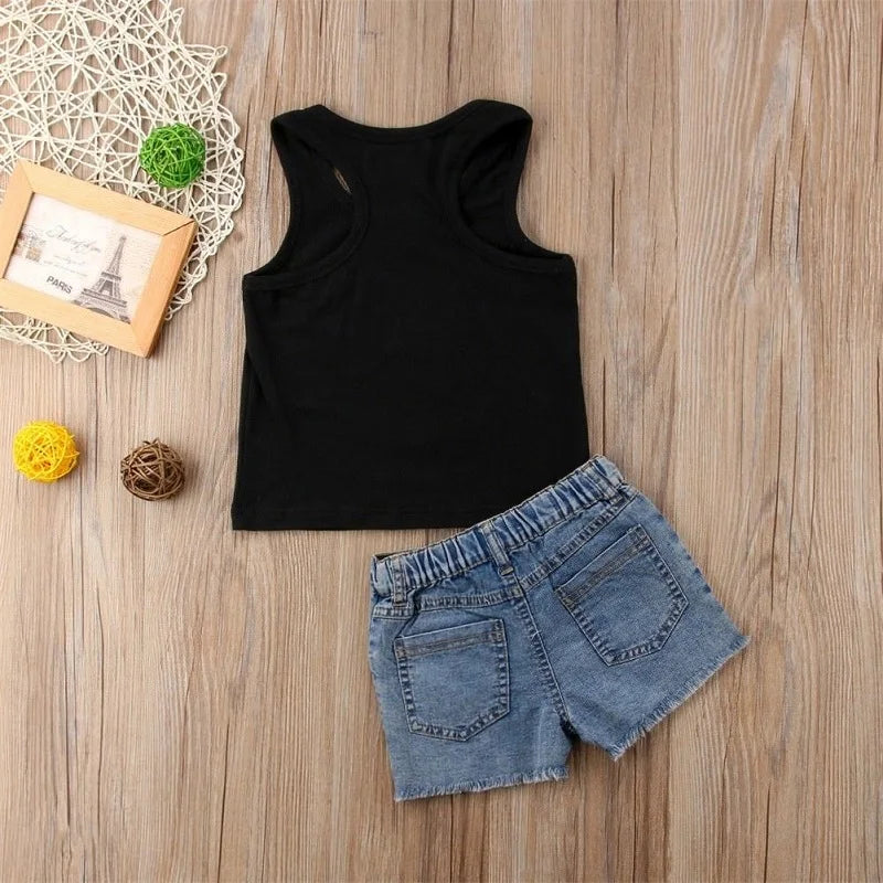 Toddler Girl Clothes Set Sleeveless Sunflower Letter Print Tank Tops with Denim Short Pants Summer Children's Sets