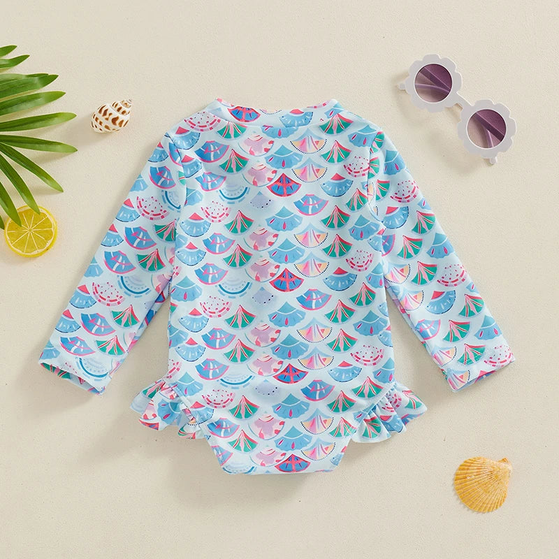 Infant Baby Girl  Swimsuit Zip Rash Guard Swimwear Ruffle Long Sleeve Bathing Suit Toddler Beach Wear