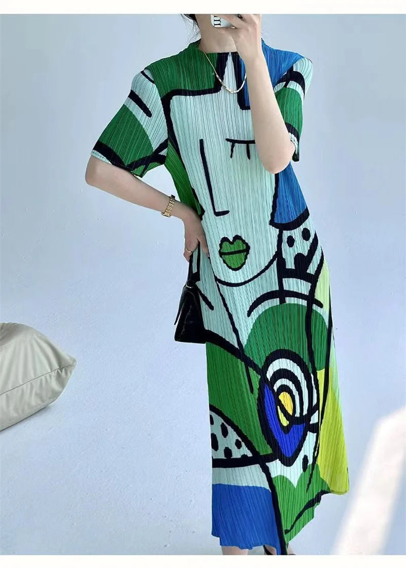Long Dresses Womens Dresses Spring and Summer new Cartoon Printing Short Sleeve Temperament Fashion Loose Long Dress Female