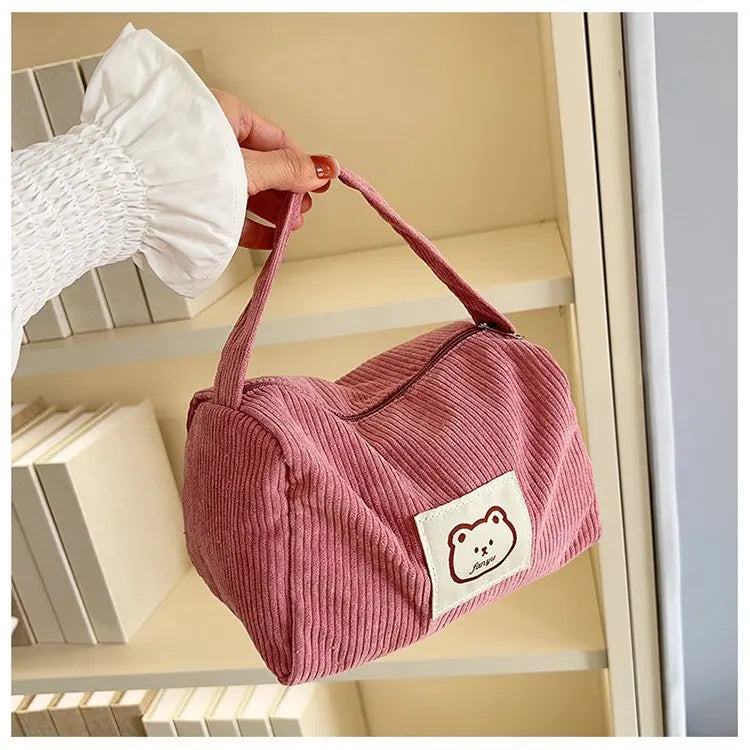 Bear Large Makeup Bag for Women Corduroy Cosmetic bag Make up Bags Zipper Pouch with handle Cosmetic Organizer Toiletry Bag