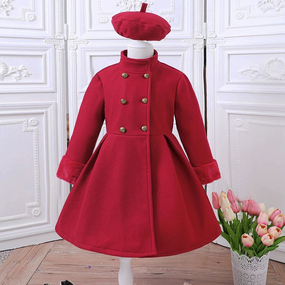 Young Girls' Red Fleece Coat Set And Beret Winter & Fall Jacket & Long Sleeves Warm Outerwear Girls Princess Outfit Clothing