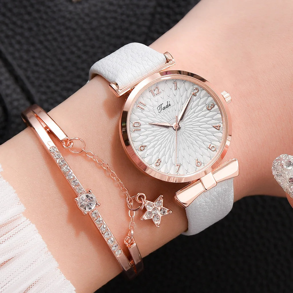 Fashion Women Watches Luxury Leather Buckle Flower Rhinestone Watch Ladies Quartz Wrist Watch Bracelet Set Reloj Mujer