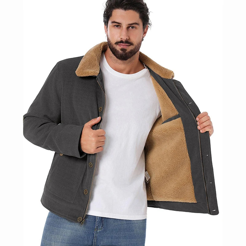 Men's Winter Corduroy Jacket Fleece Warm  Lined Cargo Work Jacket Casual Thick Sherpa Collar Trucker Deck Navy Coats