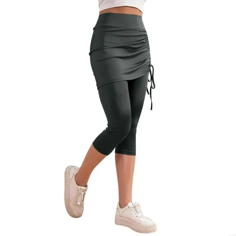 Womens Leggings Tummy High Skirted Leggings Drawstring Side Ruched Fit Workout Bottom 6XDA