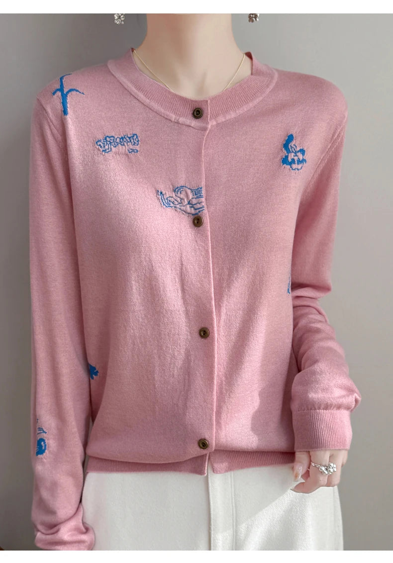 2025 New Merino Worsted Wool Women Sweater Spring Female Knitted Cardigan Long Sleeve Solid Clothing Tops Embroidery Outerwear