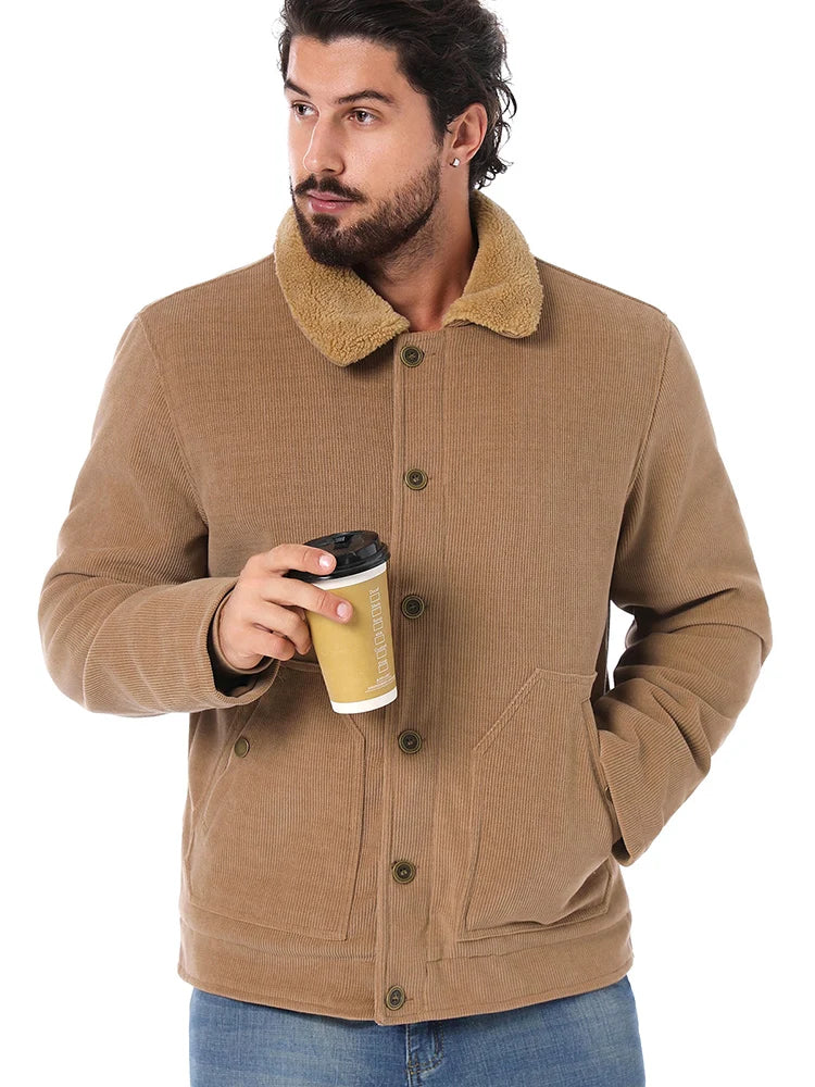 Men's Winter Corduroy Jacket Fleece Warm  Lined Cargo Work Jacket Casual Thick Sherpa Collar Trucker Deck Navy Coats
