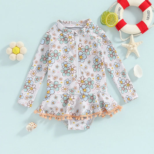 VISgogo Toddler Girls Summer Swimwear Beachwear Long Sleeve Crewneck Bobble Decor Zip Up Floral Bathing Swimsuit