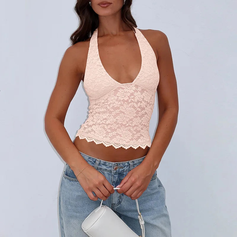 Women Summer Halter Tank Tops Hot Girls Sexy Hollow Out Lace Backless Vest Crop Tops