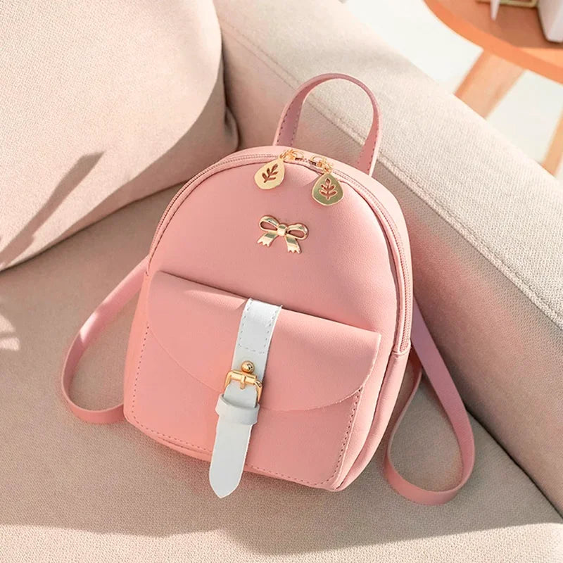 Women's Mini Backpack Luxury PU Leather Kawaii Backpack Cute Graceful Bagpack Small School Bags for Girls Bow-knot Leaf Hollow