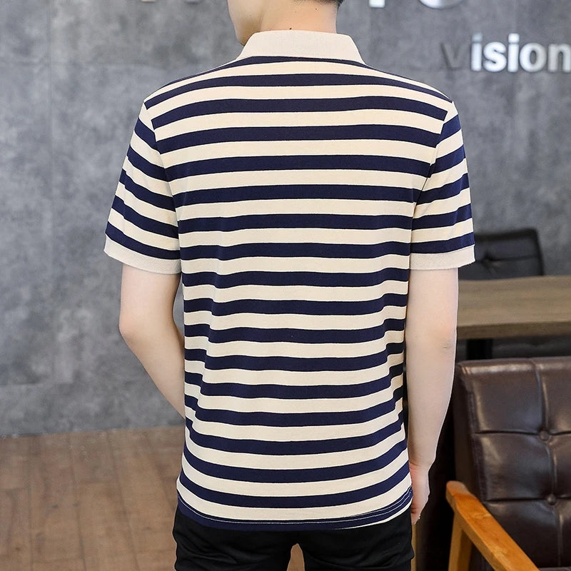 Elegant Fashion Harajuku Slim Fit Ropa Hombre Loose Casual All Match T-shirts Stripe Button Lapel Collar Short Sleeve POLO Shirt