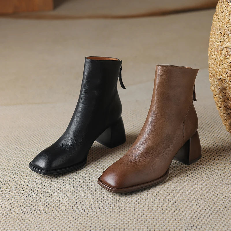 2024 Autumn/winter Women Boots High Heels Square Toe Short Boots Women Shoes Office Lady Gladiator Lady Shoes Genuine Leather
