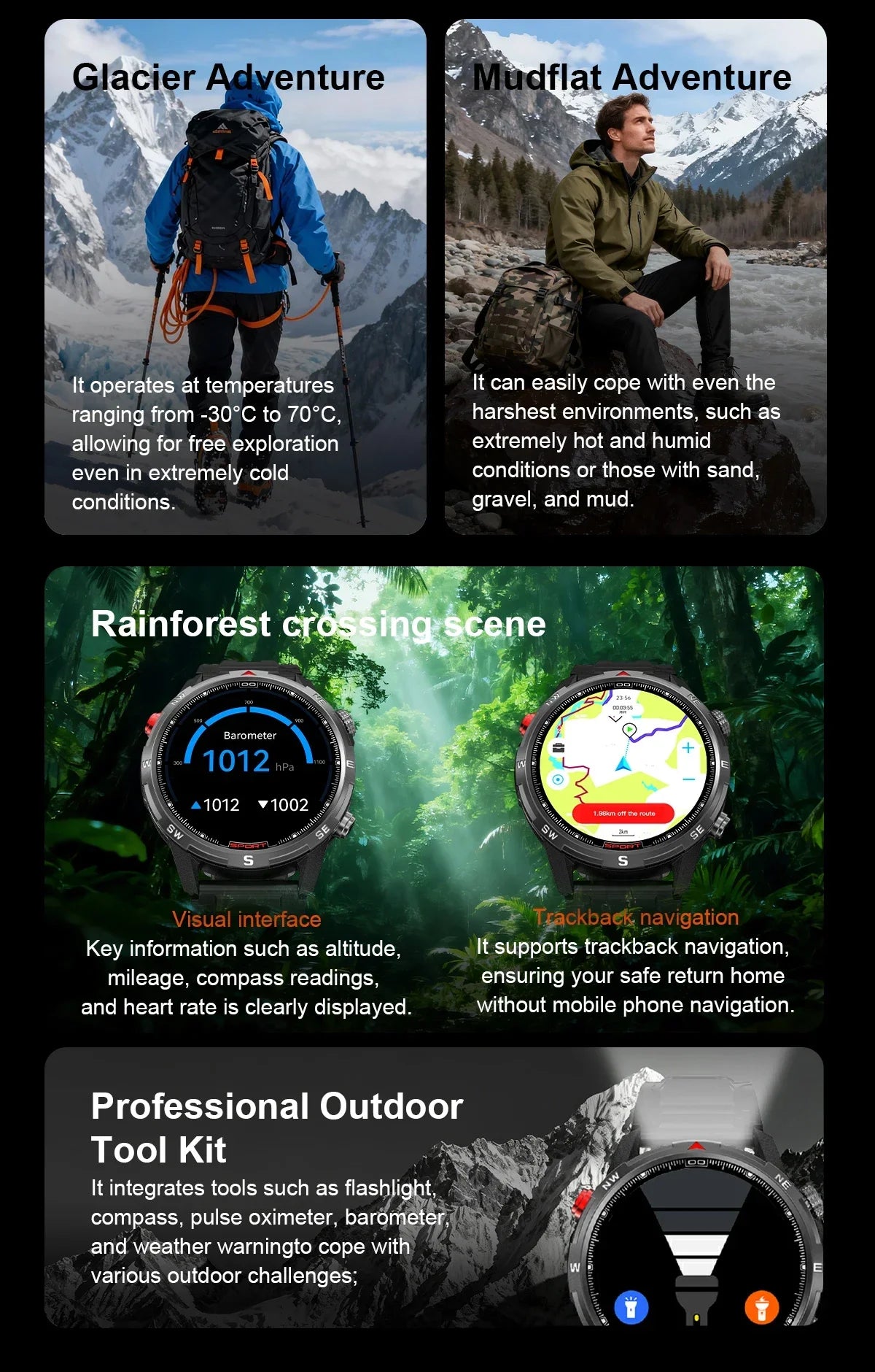 New Outdoor Smart Watch 1.43inch Screen 2GB Memory Map Navigation GPS Positioning 5ATM Waterproof LED Flashlight Smart Watch