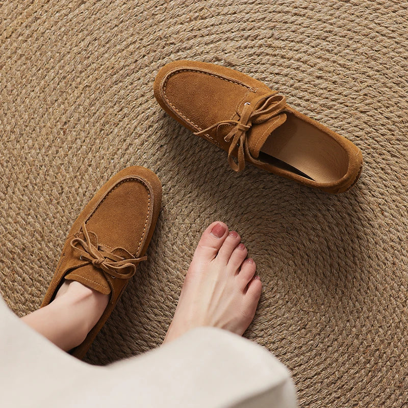 2026 New Spring Genuine Leather Women Shoes Round Toe Women Flats Shoes for Women Retro Lace Up Loafers Fashion Ladies Shoes