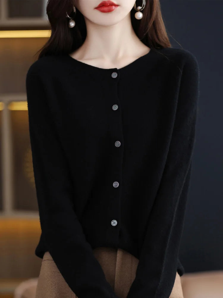 Women Cashmere Sweater 100% Merino Wool Knitted Cardigan Autumn Winter  Knitwear O-Neck Female  Solid Color Casual Fashion Top