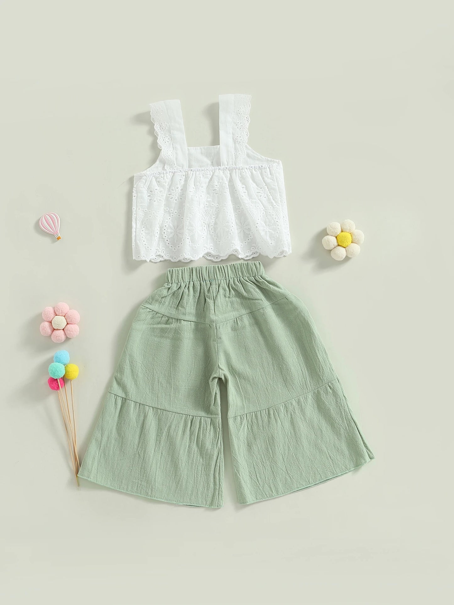 Kids Girl Summer Outfit Ruffled Sleeveless Floral Print Crop Top and Elastic Waist Wide Leg Pants Set in Cotton Linen Blend 2pcs