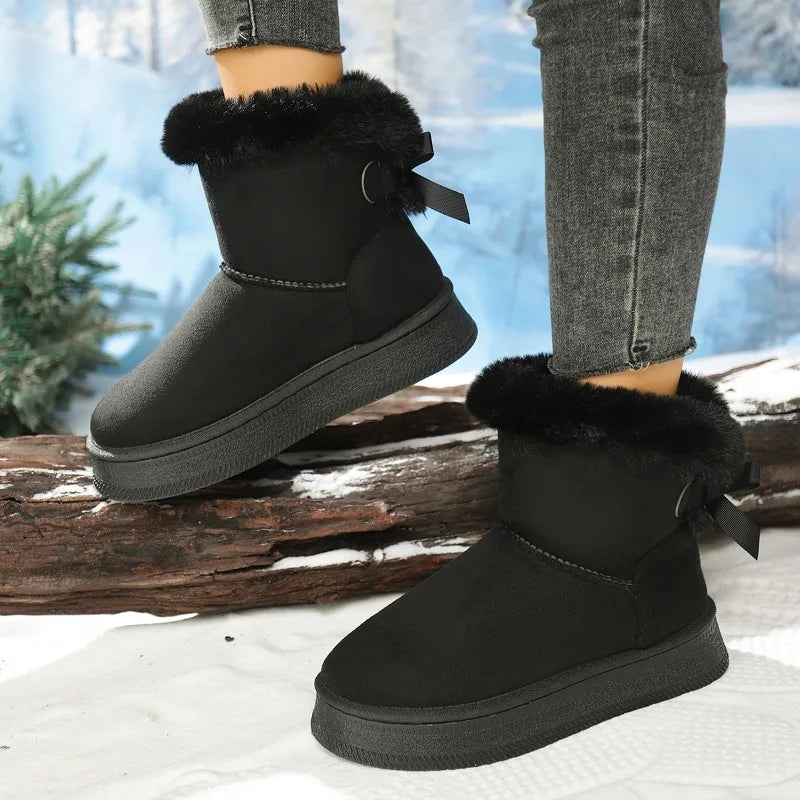 Winter New Snow Boots Fashion Round Toe Bow Suede Sleeve Platform Non-Slip Warm Cotton Boots
