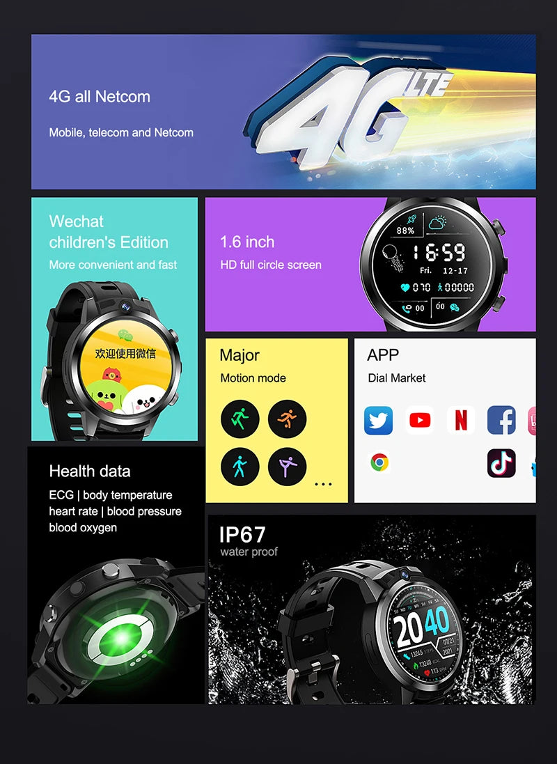 New Arival 1.6inch 4G All Netcom Can help children learn Smart Watch Dual cameras 4+6GB body temperature ECG monitoring Watch