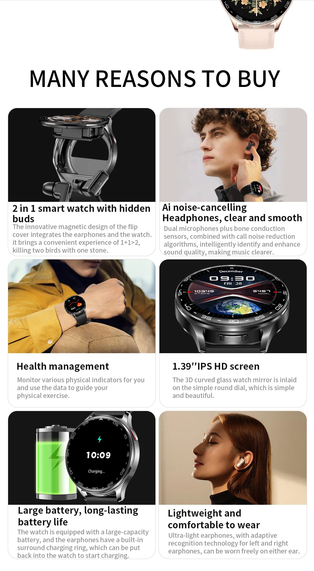 LIGE 2 In 1 TWS Headset Smart Watch 1.39" Women Men Sport Fitness Heart Rate Health Tracker Watches Earphone Music Smartwatch