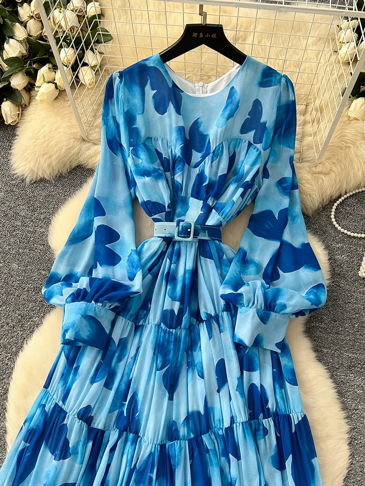 Spring Summer Women's Long Sleeved Printed Large Swing Dress New French Fashion Beach Style Cinched Round Neck Long Dress Y01