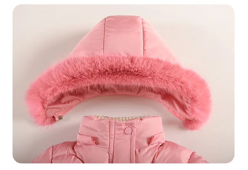 2025 Winter New Girls Jacket Long Solid Color Lining Berber Fleece Thick Warm Hooded Parka For 4-10Y Girls Bow Fashion Snowsuit