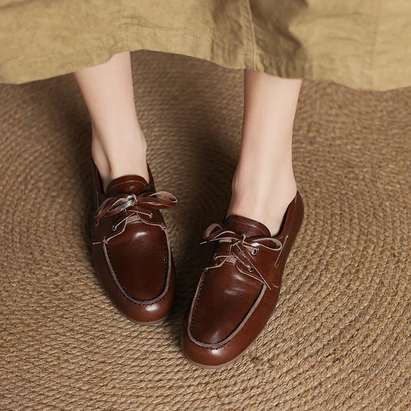 2026 New Spring Genuine Leather Women Shoes Round Toe Women Flats Shoes for Women Retro Lace Up Loafers Fashion Ladies Shoes