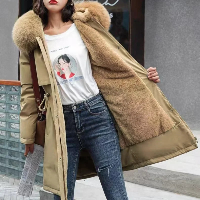 Winter Women Clothes Wool Liner Jacket Casual Thick Parka Fur Collar Long Coat Warm Hooded Snow Wear Padded Solid Colour Jackets