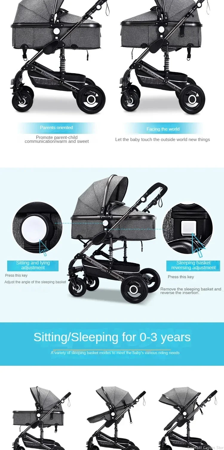 Baby stroller 3in1 with car seat with ISOFIX base, luxury high landscape baby carriage aluminum alloy frame travel stroller
