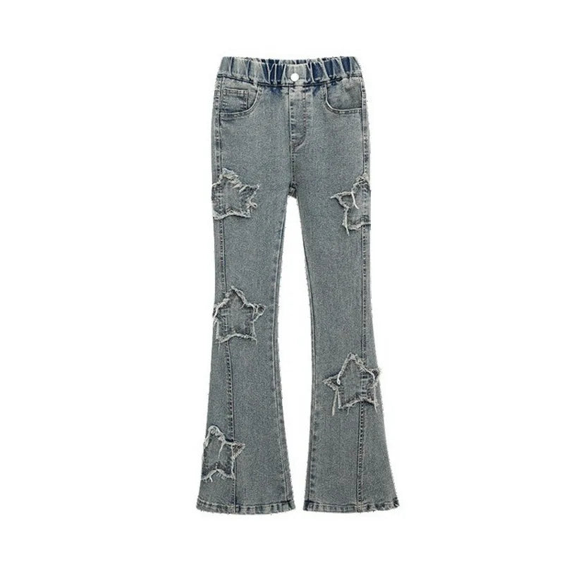 Teen Girls Jeans Spring Autumn Star Design Flare Pants Children Vintage High Waist splicing Horseshoe Trousers Kids 5- 14Y