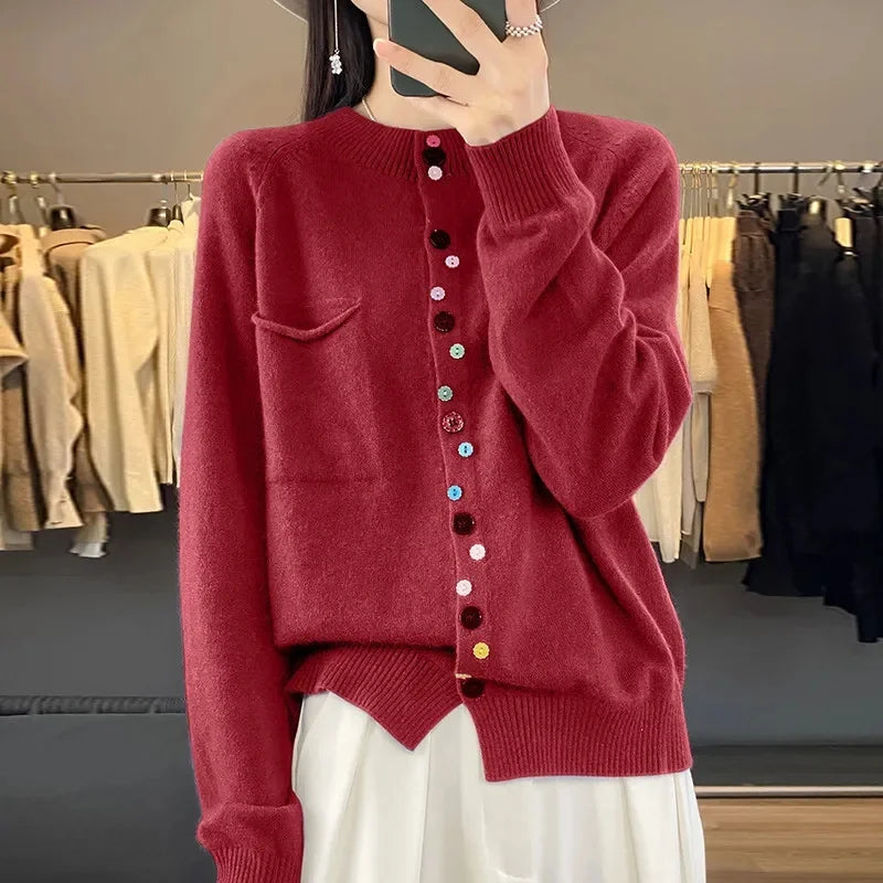 Cashmere Sweater Cardigan Women Single Breasted Long Sleeve Elegant Vintage Jumper Solid Wool Knitted Autumn Winter Outwear 2024