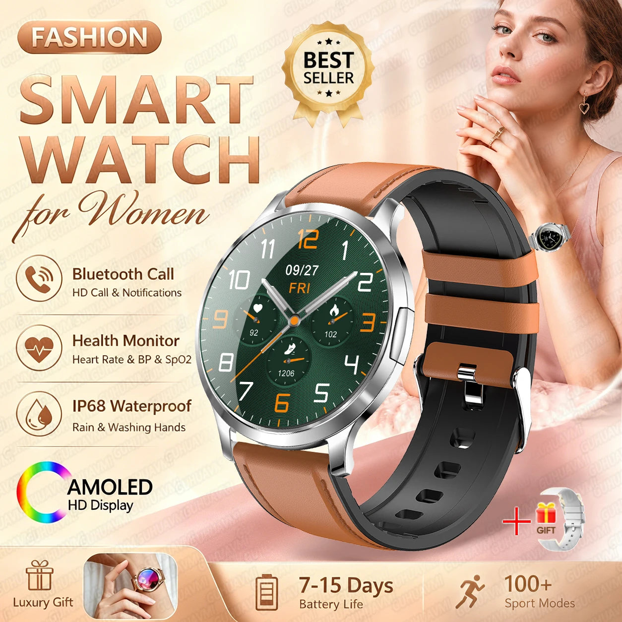 2026New Smart Watch 1.32”AMOLED Ultra-thin Display 100+Sports modes Blood Pressure Waterproof Bluetooth call Bracelet Women Gift
