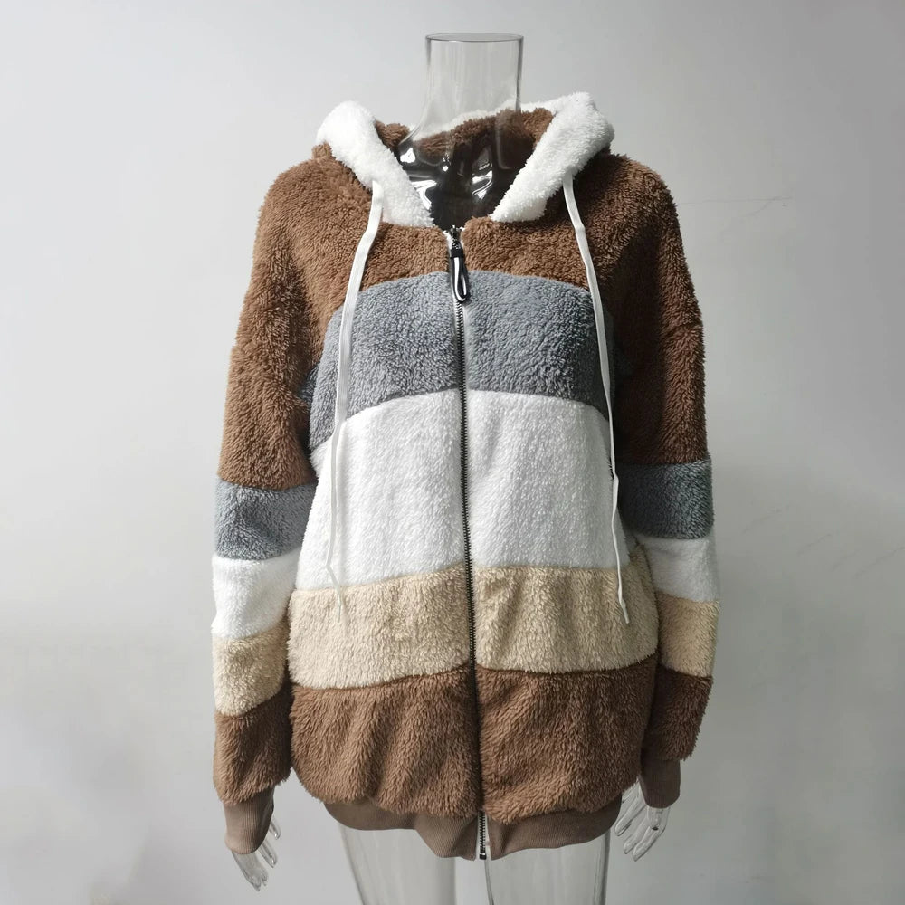 Winter Fashion Women's Coat 2025 Hooded Zipper Ladies Jacket Spliced Thick Cashmere Women Jacket Stitching Plaid Ladies Coats