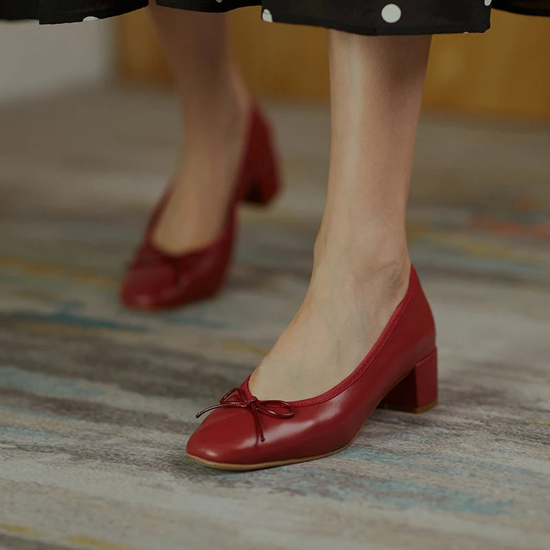 2025 Genuine Leather Women Shoes Fashion Butterfly-knot Spring and Autumn Pumps Slip-On Casual Shoes Chunky Heel Size 34-40