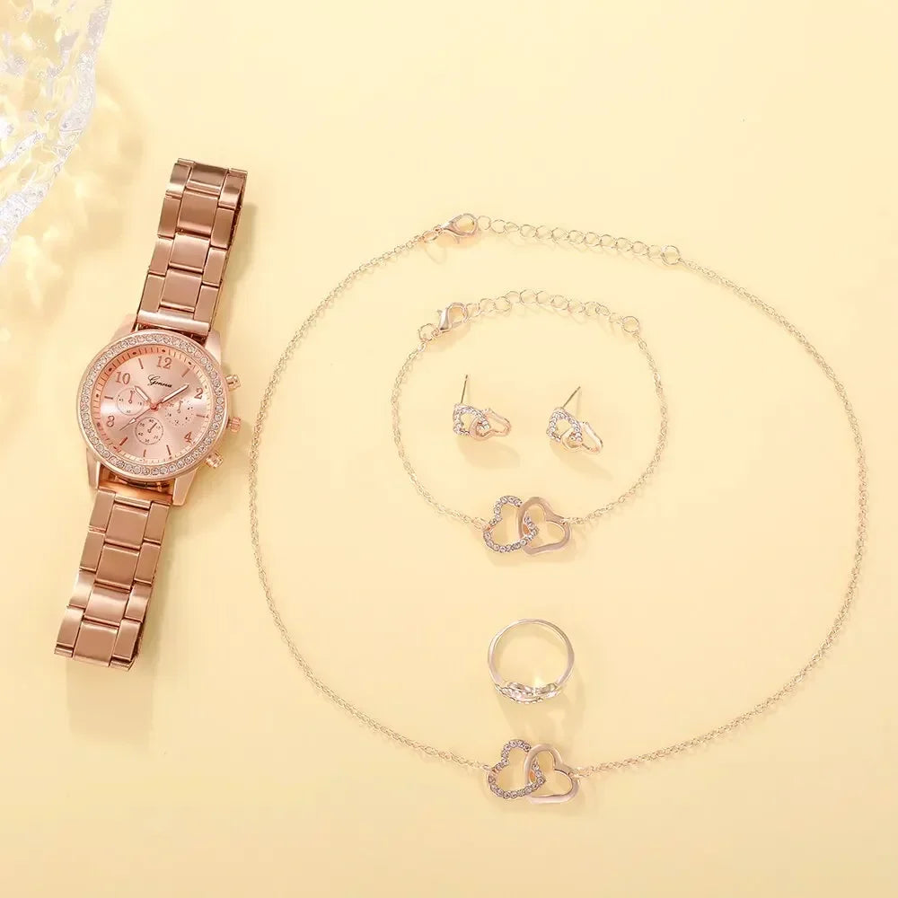 6PCS Set Fashion Wristwatch Casual Ladies Watches Bracelet Set Clock Luxury Watch Women Ring Necklace Earring Rhinestone