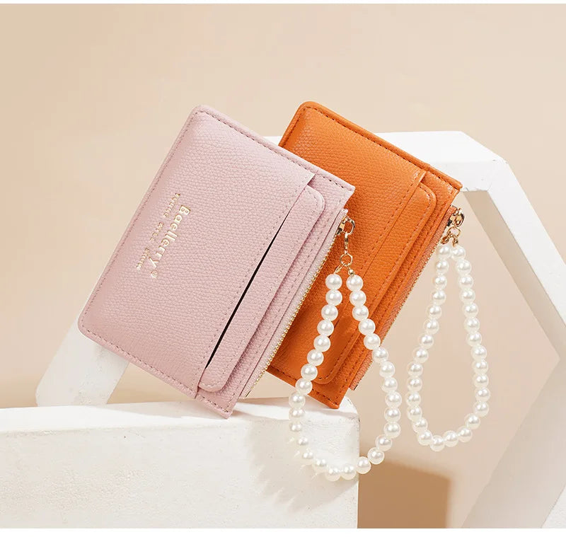 Fashionable Womens Card Case Ins Trend High Class Pearl PU Small Purse