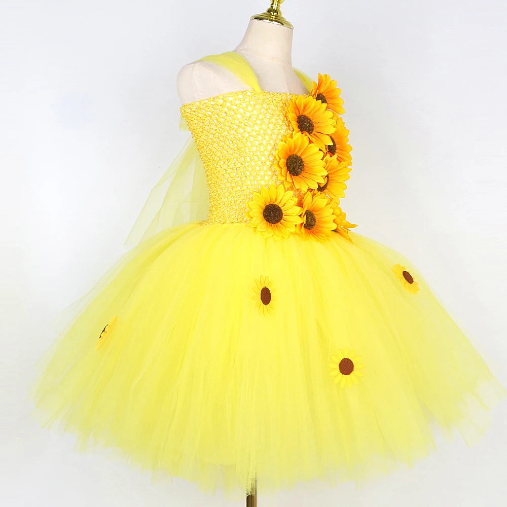 Yellow Sunflowers Costumes for Girls Fall Auturmn Fairy Outfit Flower Girl Dresses Kids Christmas Halloween Tutus Party Clothes