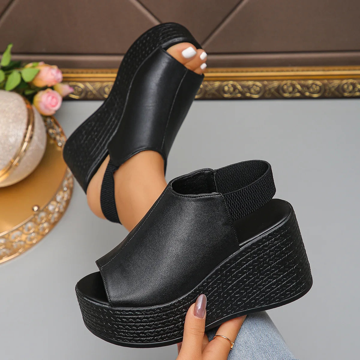 Women Sandals High Quality Summer Leather Wedge Sandals Women  New Platform High Heels Shoes Sexy Open Toe Elegant Sandals
