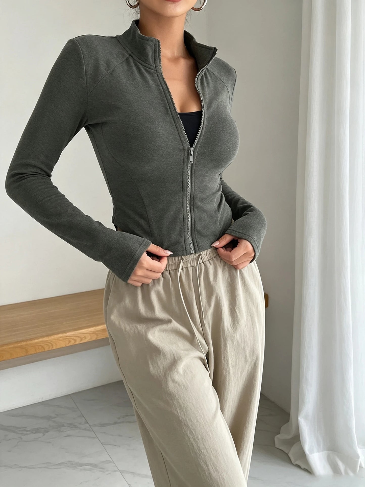 Women's Fall Winter Knit Zip Up Jacket Slim Fit Stand Collar Long Sleeve Versatile Casual Sporty Cardigan
