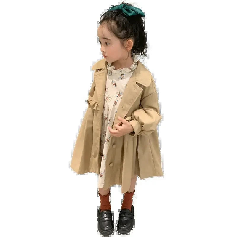 Chaquetas de vestir de color caqui para niñas, gabardina con cuello vuelto para niñas, ropa larga con lazo bonito, cortavientos para niños pequeños