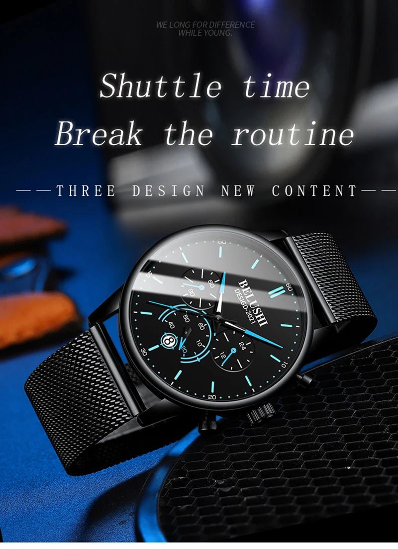 BELUSHI Cool Ultra Thin Mens Watch Luxury Multifunction Stopwatch Calendar Luminous Male Clock Waterproof Mesh Strap Reloj Hombr