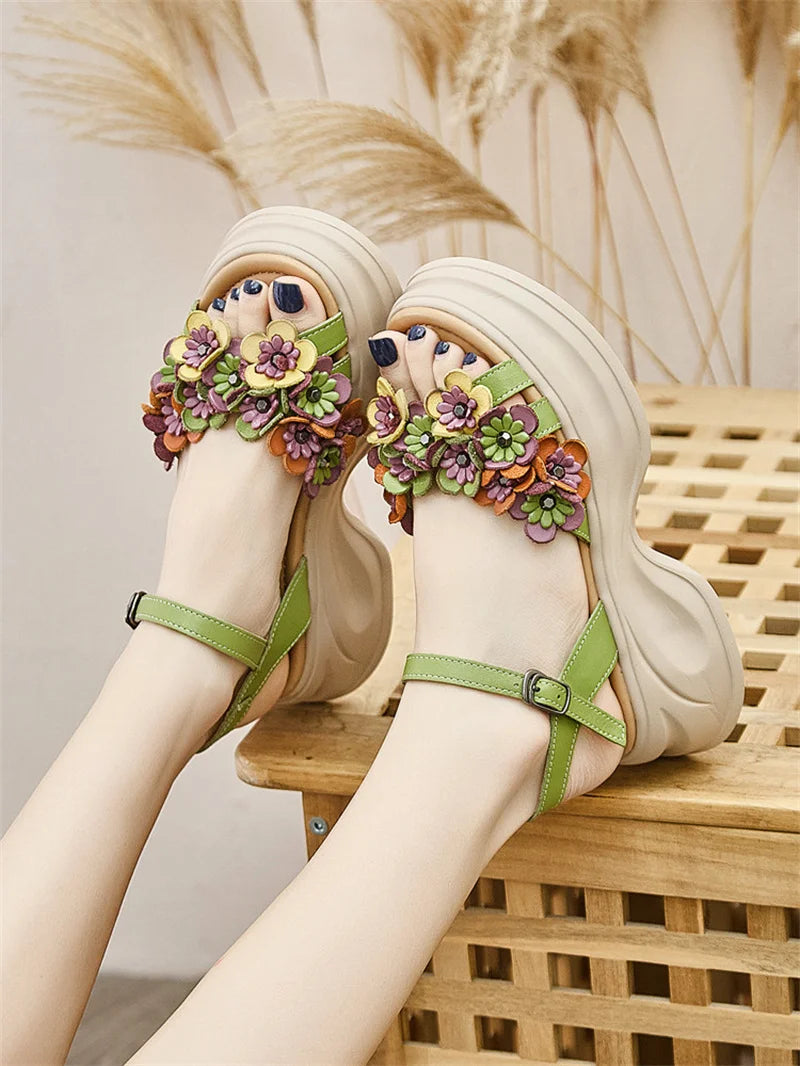 Summer Women's Flat Sandals Leather Mary Jane Ankle Strap Floral Beach Outdoor Platform 6cm Wedge Slipper